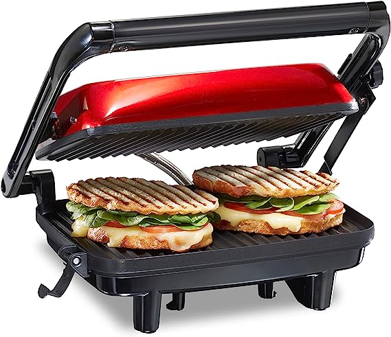Hamilton Beach Electric Panini Press Grill with Locking Lid Opens 180 Degrees for Any Sandwich Thickness Nonstick 8 X 10" Grids Red (25462Z)